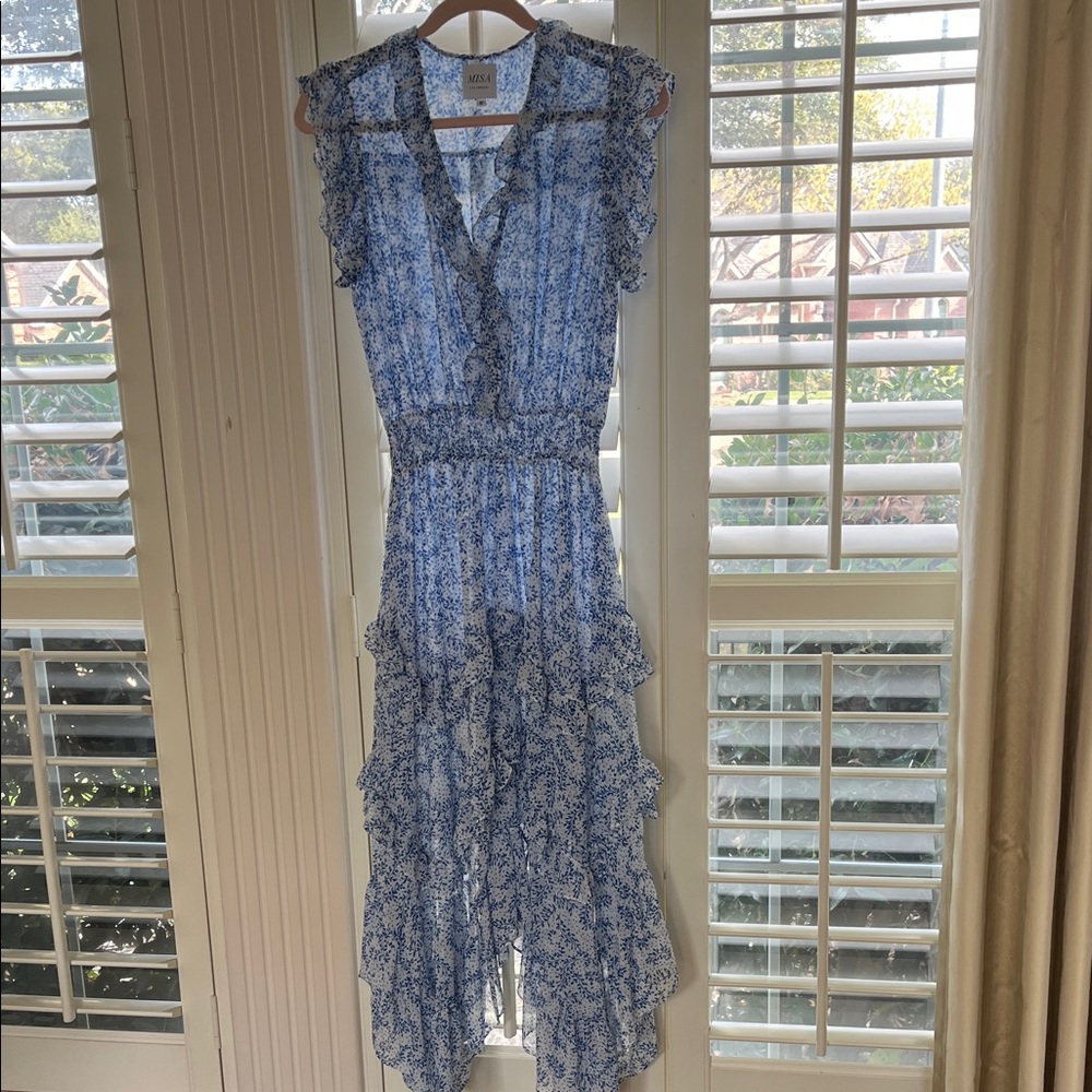 Wayf Blue and White Floral Maxi Dress with Ruffle Tiers